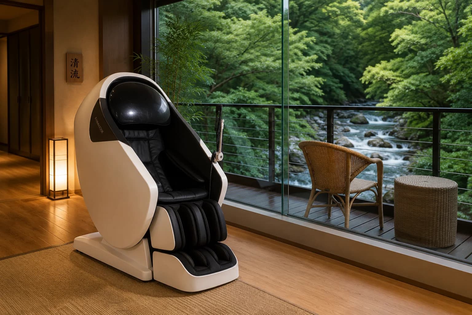 旅館の縁側に置かれた業務用マッサージチェア